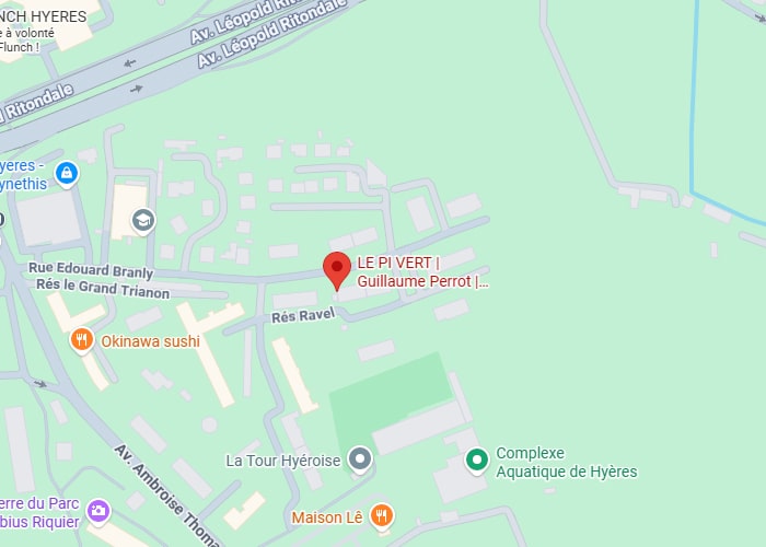 LE PI VERT Hyères : Localisation exacte et plan du quartier Carte routière de Hyères centrée sur LE PI VERT (Guillaume Perrot), situé près du Complexe Aquatique, Rue Edouard Branly et Av. Léopold Ritondale.